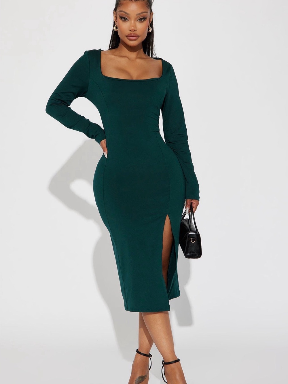 iris Dark Green Square-Neck Long Sleeve Midi Dress with Thigh Slit